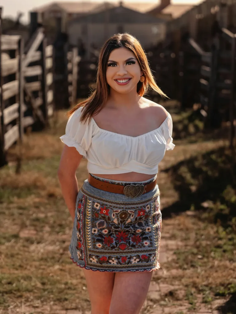 Off-the-Shoulder Blouse with denim skirt