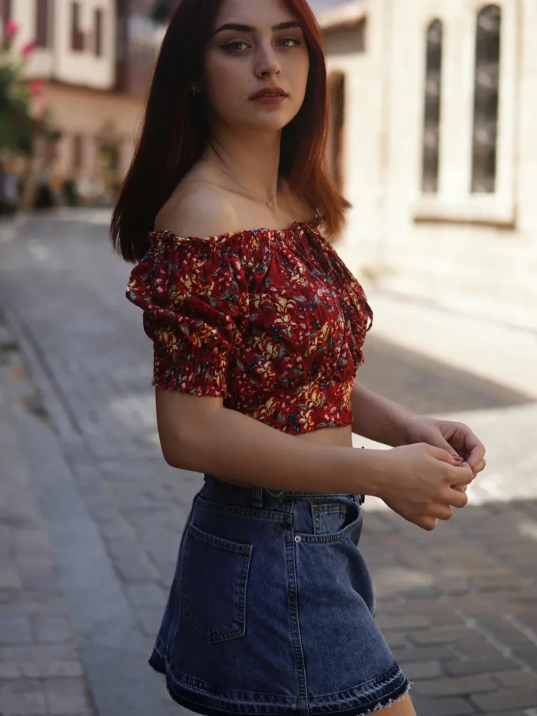 Off-the-Shoulder Blouse with denim skirt