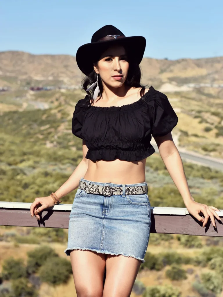 Off-the-Shoulder Blouse with denim skirt