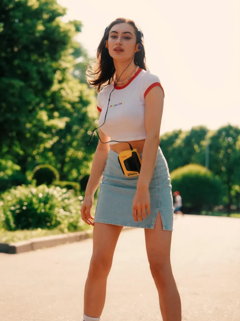 Simple T-Shirt With denim skirt