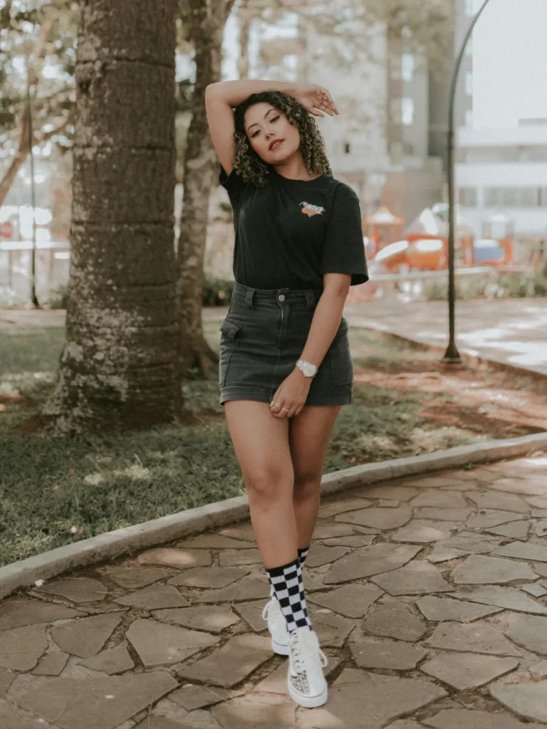 Simple T-Shirt With denim skirt