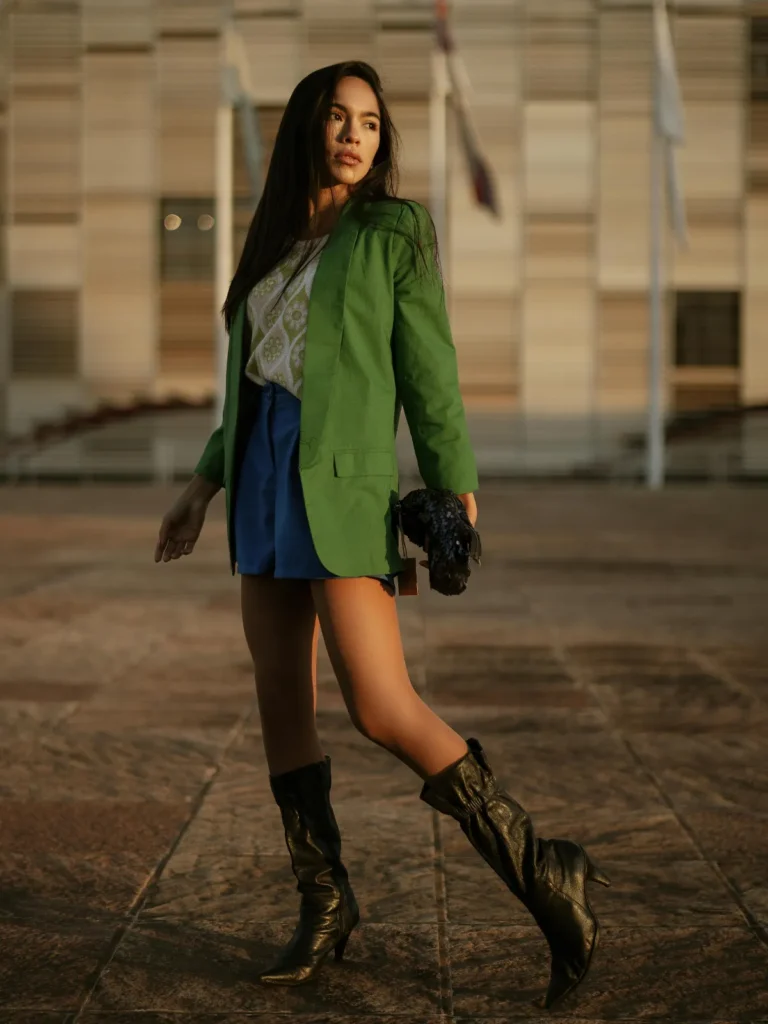 denim mini skirt with blazer