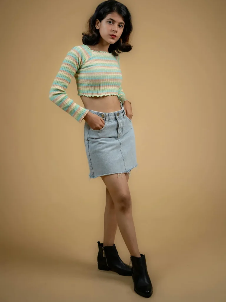 denim skirt with green blouse