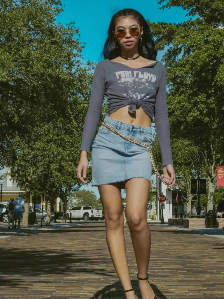 denim skirt with grey blouse