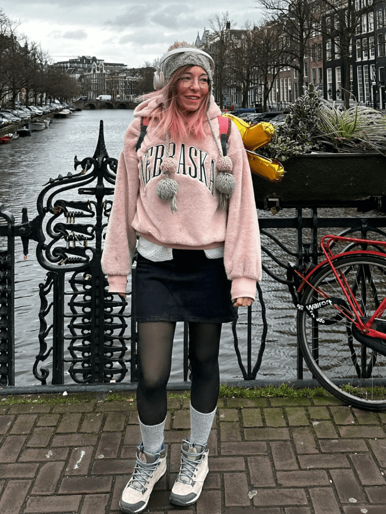 denim skirt with knit sweater