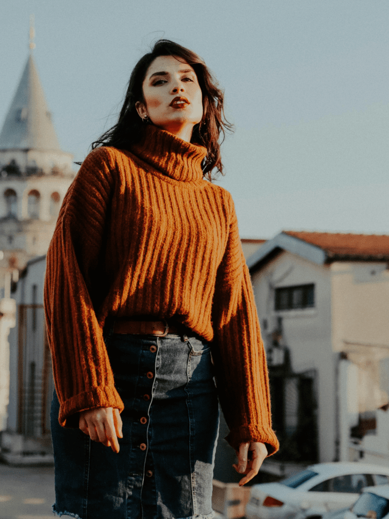 denim skirt with knit sweater