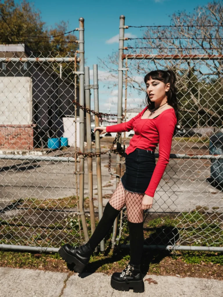 denim skirt with red blouse