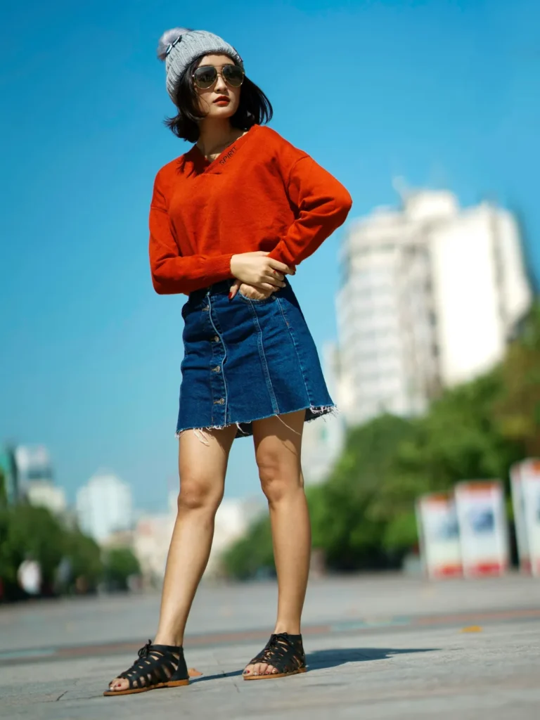 denim skirt with red blouse